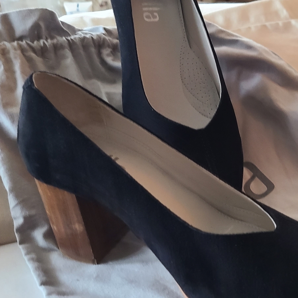 Black suede pump with genuine wood block heel